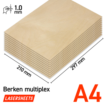 Lasersheets 10 x A4 Compensato di betulla da 1mm | 210 x 297 mm | Pack risparmio | Per taglio laser, modellismo, hobby, CNC, pirografia
