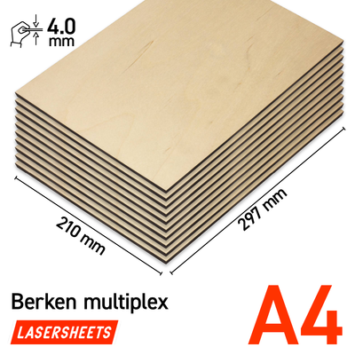 Lasersheets 10 x A4 Compensato di betulla 4mm | 210 x 297 mm | Pack risparmio | Per taglio laser, modellismo, hobby, CNC, pirografia