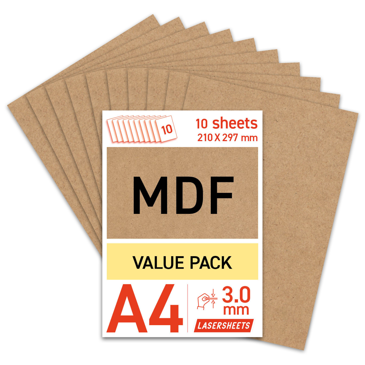 Lasersheets 10 x A4 3mm MDF | 210 x 297 mm | Pack risparmio | Per taglio laser, modellismo, hobby, CNC, pirografia