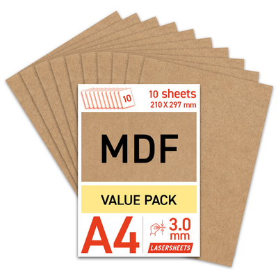 Lasersheets 10 x A4 3mm MDF | 210 x 297 mm | Pack risparmio | Per taglio laser, modellismo, hobby, CNC, pirografia
