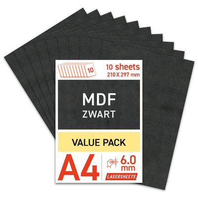 Lasersheets 10 x A4 MDF Nero 6mm | 210 x 297 mm | Pack risparmio | Per taglio laser, modellismo, hobby, CNC, pirografia