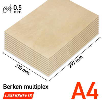Lasersheets 10 x A4 0.5mm Compensato di betulla | 210 x 297 mm | Pack risparmio | Per taglio laser, modellismo, hobby, CNC, pirografia