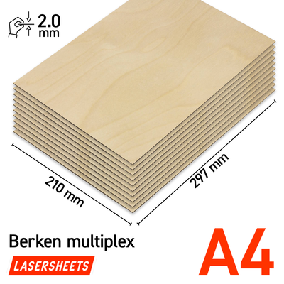 Lasersheets 10 x A4 Compensato di betulla 2mm | 210 x 297 mm | Pack risparmio | Per taglio laser, modellismo, hobby, CNC, pirografia
