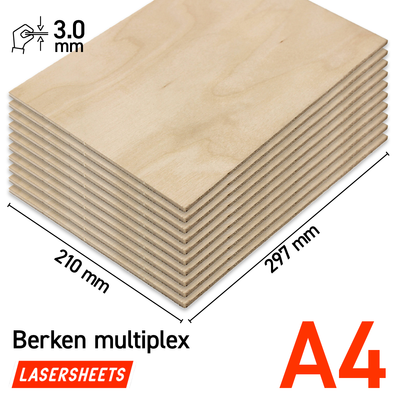 Lasersheets 10 x A4 3mm Compensato di betulla | 210 x 297 mm | Pack risparmio | Per taglio laser, modellismo, hobby, CNC, pirografia