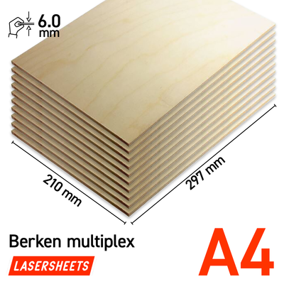 Lasersheets 10 x A4 6mm Compensato di betulla | 210 x 297 mm | Pack risparmio | Per taglio laser, modellismo, hobby, CNC, pirografia