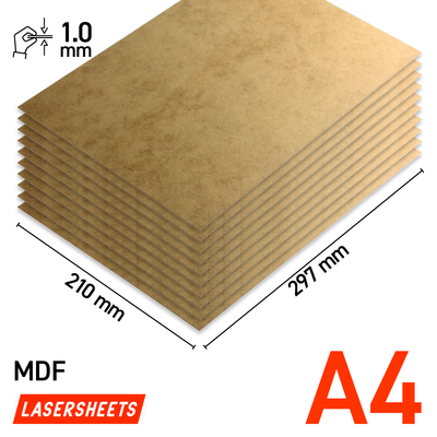 Lasersheets 10 x A4 1mm MDF | 210 x 297 mm | Pack risparmio | Per taglio laser, modellismo, hobby, CNC, pirografia