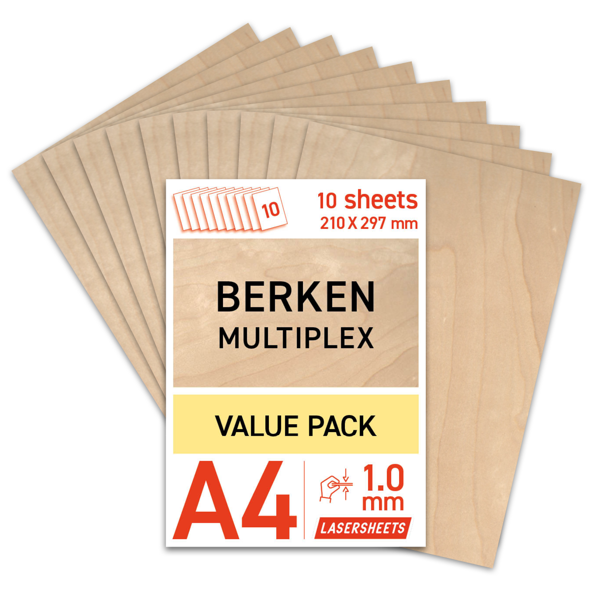 Lasersheets 10 x A4 Compensato di betulla da 1mm | 210 x 297 mm | Pack risparmio | Per taglio laser, modellismo, hobby, CNC, pirografia
