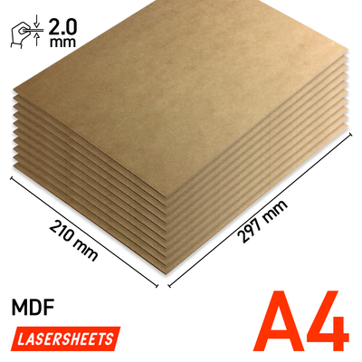 Lasersheets 10 x A4 2mm MDF | 210 x 297 mm | Pack risparmio | Per taglio laser, modellismo, hobby, CNC, pirografia