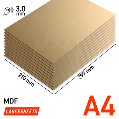 Lasersheets 10 x A4 3mm MDF | 210 x 297 mm | Pack risparmio | Per taglio laser, modellismo, hobby, CNC, pirografia