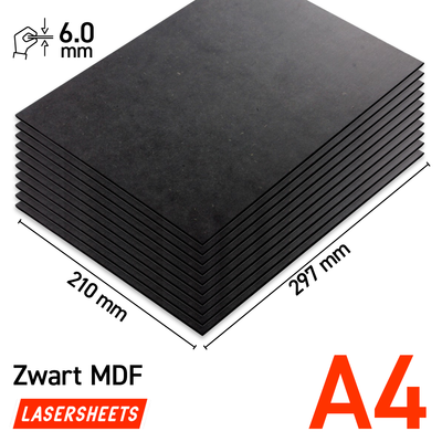 Lasersheets 10 x A4 MDF Nero 6mm | 210 x 297 mm | Pack risparmio | Per taglio laser, modellismo, hobby, CNC, pirografia
