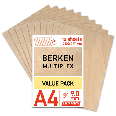 Lasersheets 10 x A4 9mm Compensato di betulla | 210 x 297 mm | Pack risparmio | Per taglio laser, modellismo, hobby, CNC, pirografia