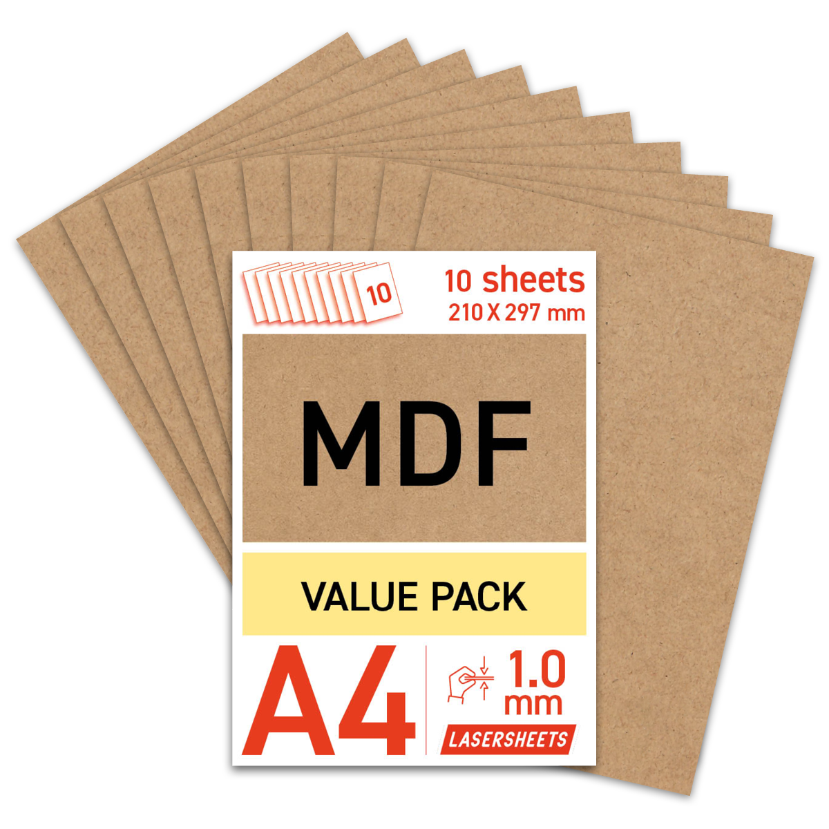 Lasersheets 10 x A4 1mm MDF | 210 x 297 mm | Pack risparmio | Per taglio laser, modellismo, hobby, CNC, pirografia
